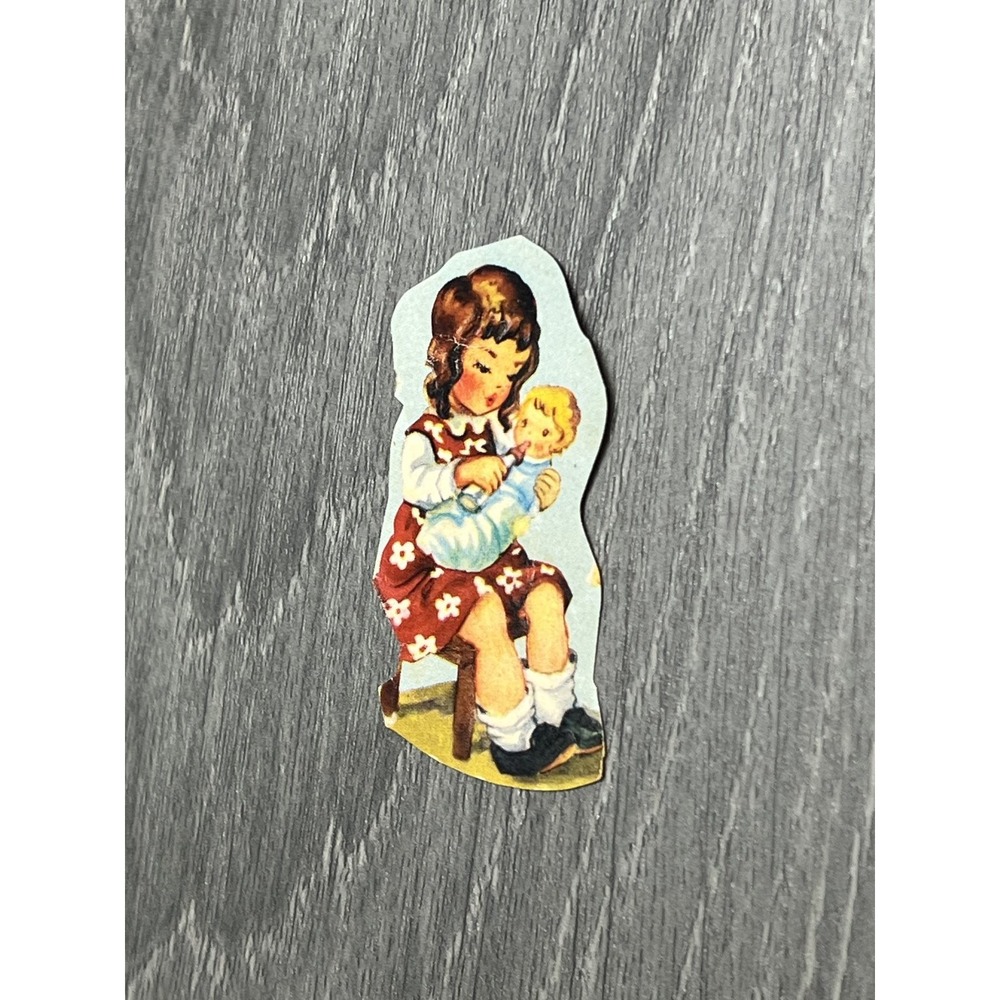Vintage Die Cut Paper Scrap Little Girl Holding Baby Illustration Ephemera - Picture 2 of 4